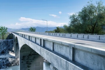 Expansive bridge arches gracefully over tranquil waters under a clear blue sky in a serene coastal landscape