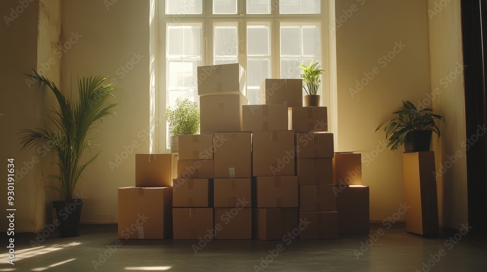 Poster minimalist moving scene with neatly stacked cardboard boxes and personal items in bright room
