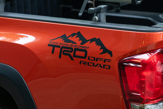 Portland, OR, USA - Aug 12, 2024 - Toyota Tacoma TRD 4x4 off road sign emblem close up picture of the truck's back side 