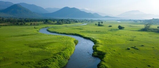  A bird's-eye perspective of a river meandering through a verdant meadow, enclosed by mountains, under a clear blue sky