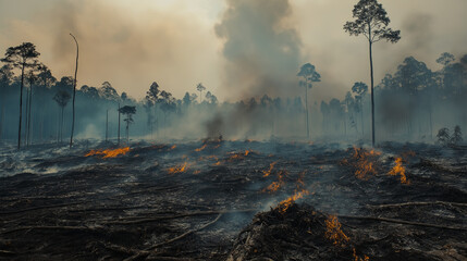 Smoke billows over a burning forest floor with flames licking at fallen trees.