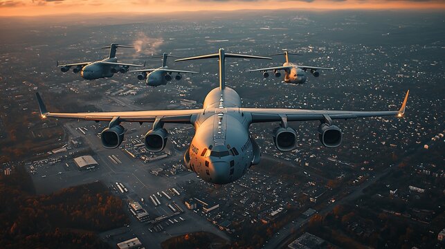 Military cargo planes fly in formation against a breathtaking sunset, symbolizing strength and unity in the skies.