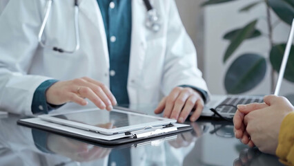 Doctor and patient consultation in clinic. Patient woman is gesturing over a glass desk while a physician is using tablet computer making some notes, close up of hands. Medicine and health care