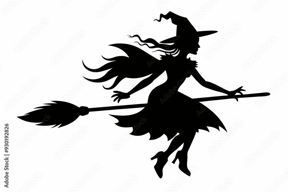 Wall mural witch flying on a broomstick silhouette on white background