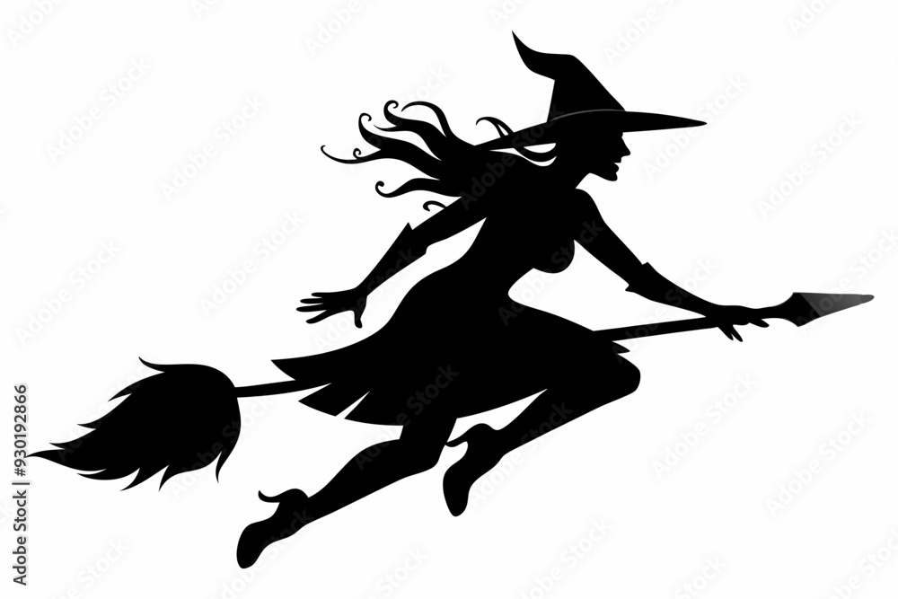 Wall mural witch flying on a broomstick silhouette on white background