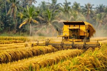 Fototapeta premium Golden rice harvest at dusk with a combine working through lush fields in a rural landscape