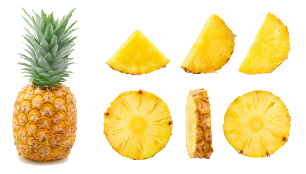 Set von Ananas und Ananas stücken isoliert auf weißen Hintergrund, Freisteller, Transparent