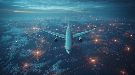 Obraz premium An airplane flies through a global network of digital connections, symbolizing the seamless integration of aviation and technology.