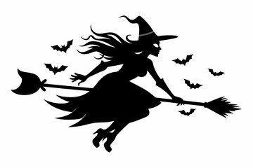 witch flying on a broomstick silhouette on white background