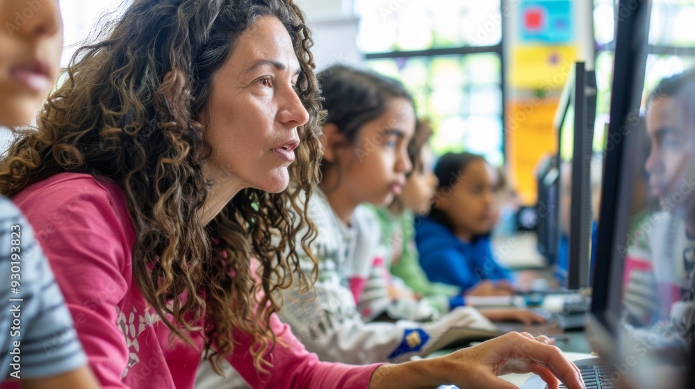Poster A teacher engages with students, guiding them through computer tasks while fostering a collaborative learning environment