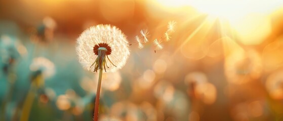 Fototapeta premium A dandelion sways in the wind, sun casting golden rays behind Foreground grass softly blurs