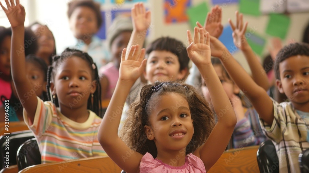 Poster elementary school students eagerly raise their hands to answer questions during an interactive class
