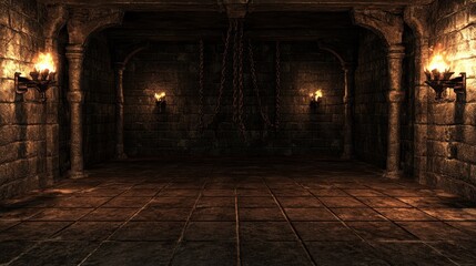 Medieval Dungeon Interior with Torches and Chains - Dark, Atmospheric Scene