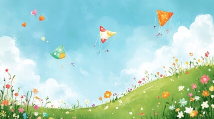 A vibrant landscape with colorful kites flying over a field of flowers under a blue sky.