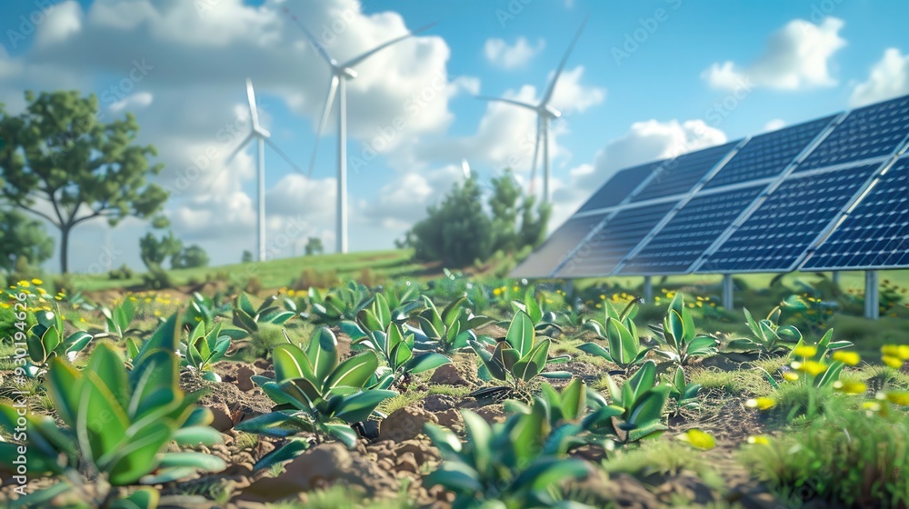 Wall mural renewable energy landscape featuring solar panels and wind turbines under a bright blue sky