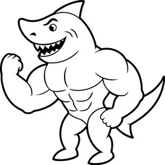 A ferocious angry Shark athlete posing line art vector illustration