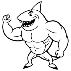 A ferocious angry Shark athlete posing line art vector illustration