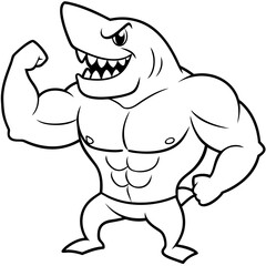 A ferocious angry Shark athlete posing line art vector illustration