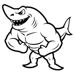 A ferocious angry Shark athlete posing line art vector illustration