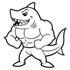 A ferocious angry Shark athlete posing line art vector illustration