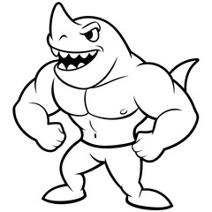 A ferocious angry Shark athlete posing line art vector illustration