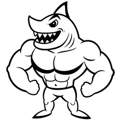 A ferocious angry Shark athlete posing line art vector illustration