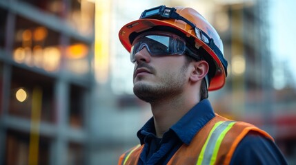 A construction worker stands outdoors wearing a hard hat and safety goggles, observing the construction site while sunlight filters through nearby structures.
