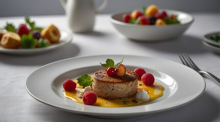 Beautifully plated gourmet food dishes on a pristine.generative.ai