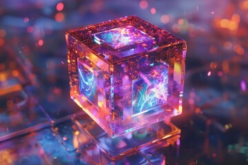 A floating holographic cube with rotating internal shapes, creating a kaleidoscope effect.
