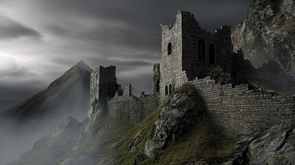 Fototapeta premium Ancient stone castle ruins stand atop a misty mountain landscape beneath dark, ominous skies at dusk