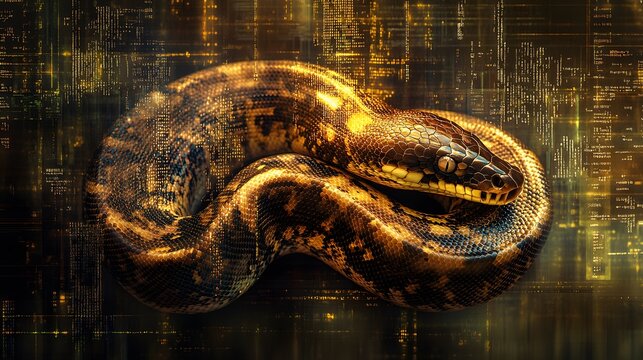 A coiled python resting on a grid of digital data, its body shimmering with lines of Python code, illuminated by the soft light of a computer screen, the fusion of organic form and digital design