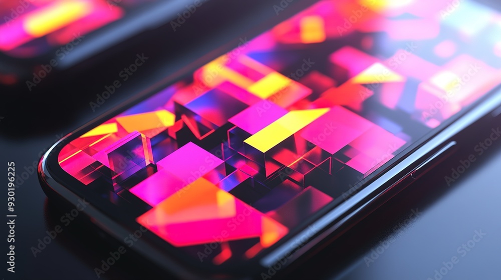 Poster vibrant abstract smartphone display with colorful geometric patterns in close-up view