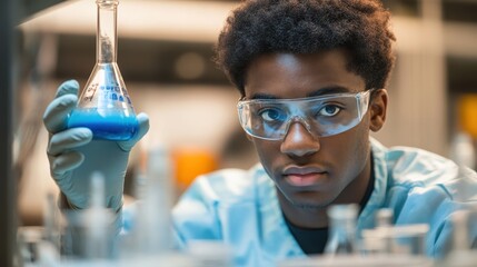 Young African American Male Scientist Focused on Experiment with Blue Substance in Laboratory