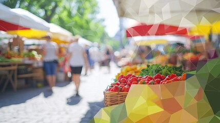Vibrant farmers market bustling with shoppers in a sunny outdoor setting