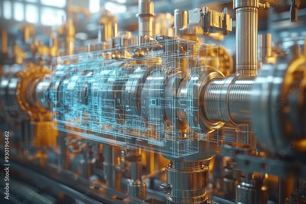 Poster transparent engine model in a factory representing the fusion of traditional engineering with digita