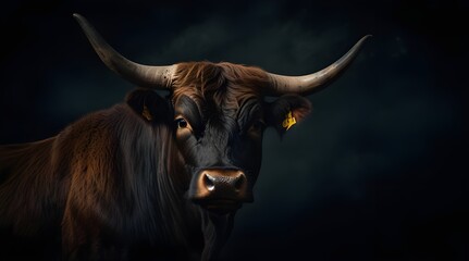 Naklejka premium bull in the dark face with horns.generative.ai