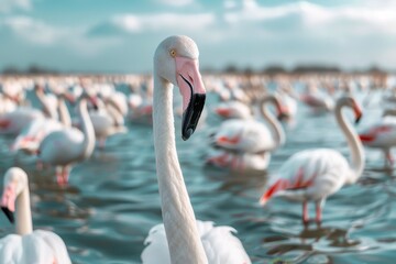 Elegant flamingo stands tall amidst a vibrant flock in a tranquil lagoon at sunset