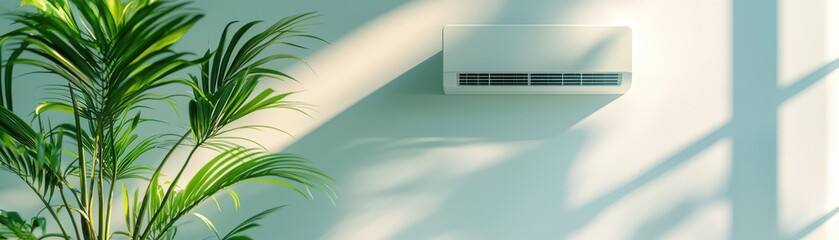 Fototapeta premium Bright indoor space featuring a modern air conditioner and lush greenery, perfect for relaxing and staying cool.