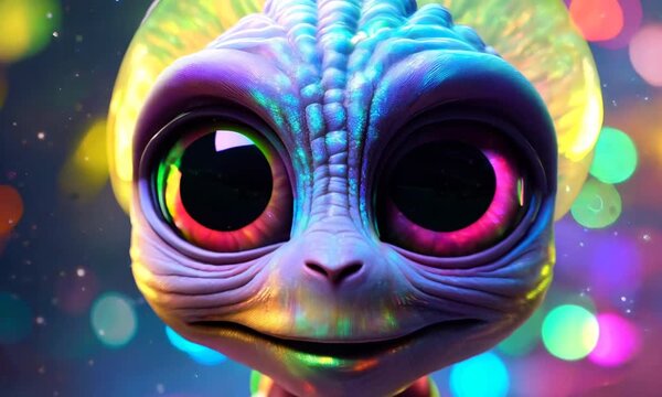cute alien glowing in neon colors animation