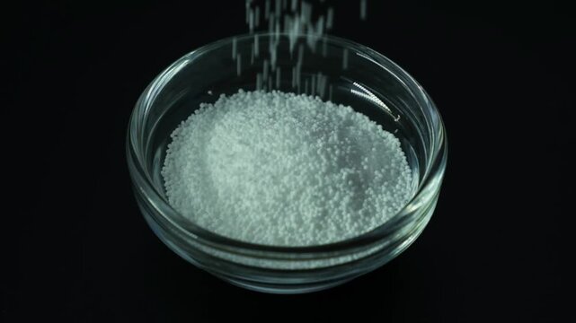 Sodium percarbonate powder or sodium carbonate peroxide is poured into glass bowl. Video, Slow motion, close-up. Chemical substance used in eco-friendly bleaches with active oxygen.