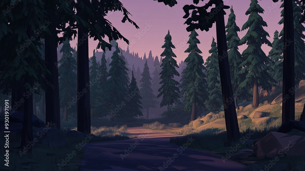 Poster a serene forest path at twilight in a mountainous region with tall pine trees and soft light illumin