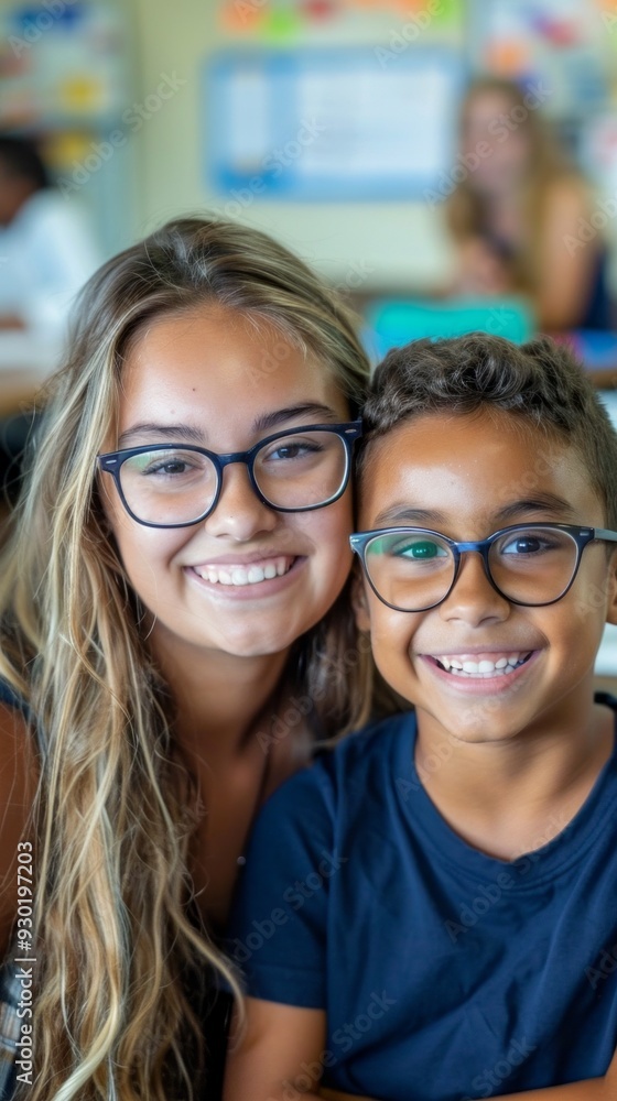 Poster a teacher and her student share a joyful moment while studying together, showcasing collaborative le