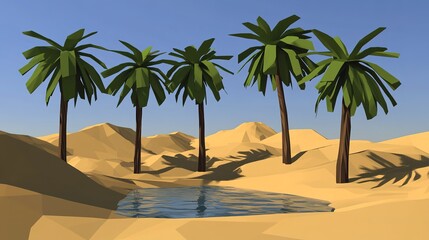 Obraz premium Five palm trees near a tranquil oasis in a sandy desert landscape under a clear blue sky