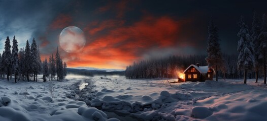 Fototapeta premium Swiss Style Serenity Primitive Structures and Moonlit Winter Forest with Motion Blur