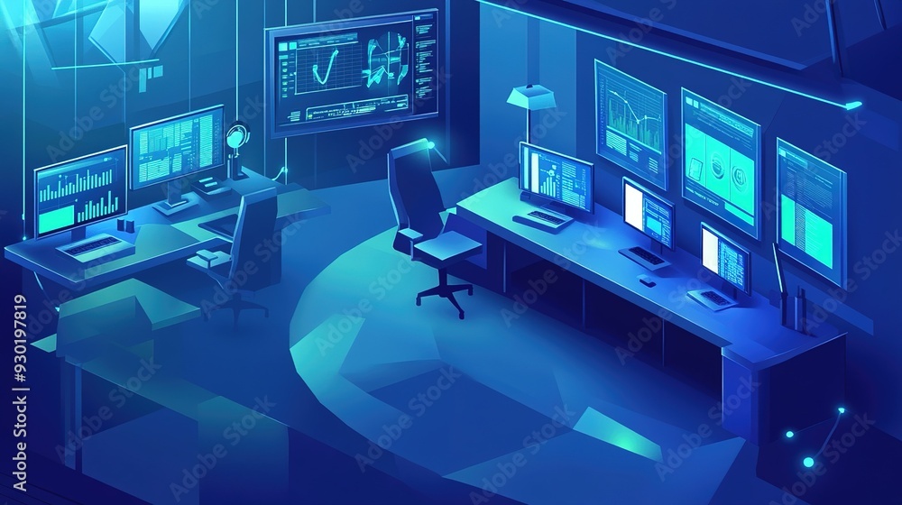 Poster high-tech control room with multiple monitors and data displays in a futuristic setting
