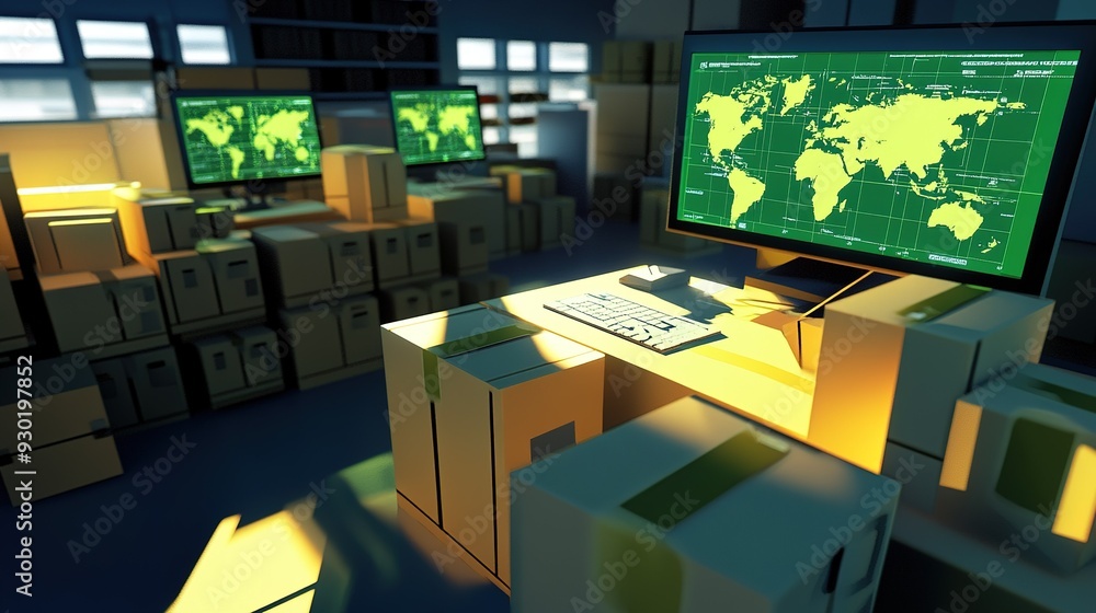 Poster a workspace filled with boxes and multiple monitors displaying a global map and data analysis at nig