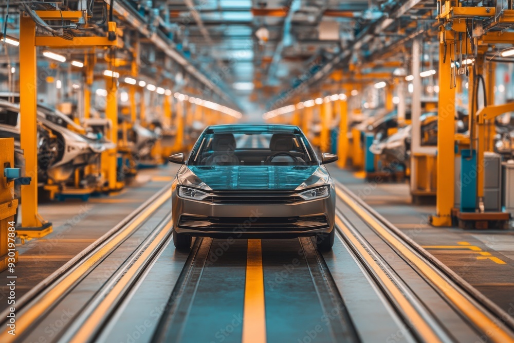 Poster electric vehicle on an assembly line in a modern factory showcasing the automation and precision of 