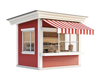 a small red and white building with a striped awning