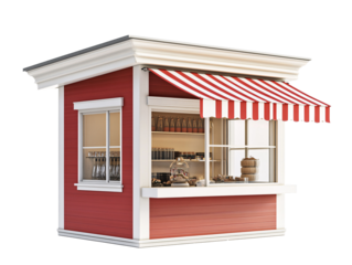a small red and white building with a striped awning