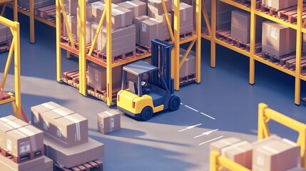 Naklejka premium Forklift transporting boxes in a modern warehouse during daylight